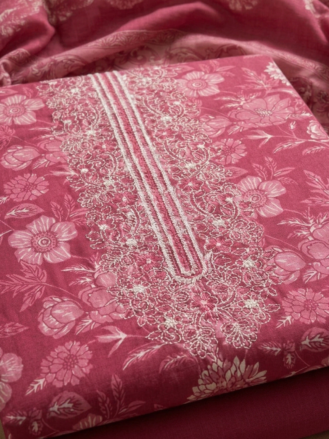 Pink Embroidery Cotton Blend Unstitched Dress Material
