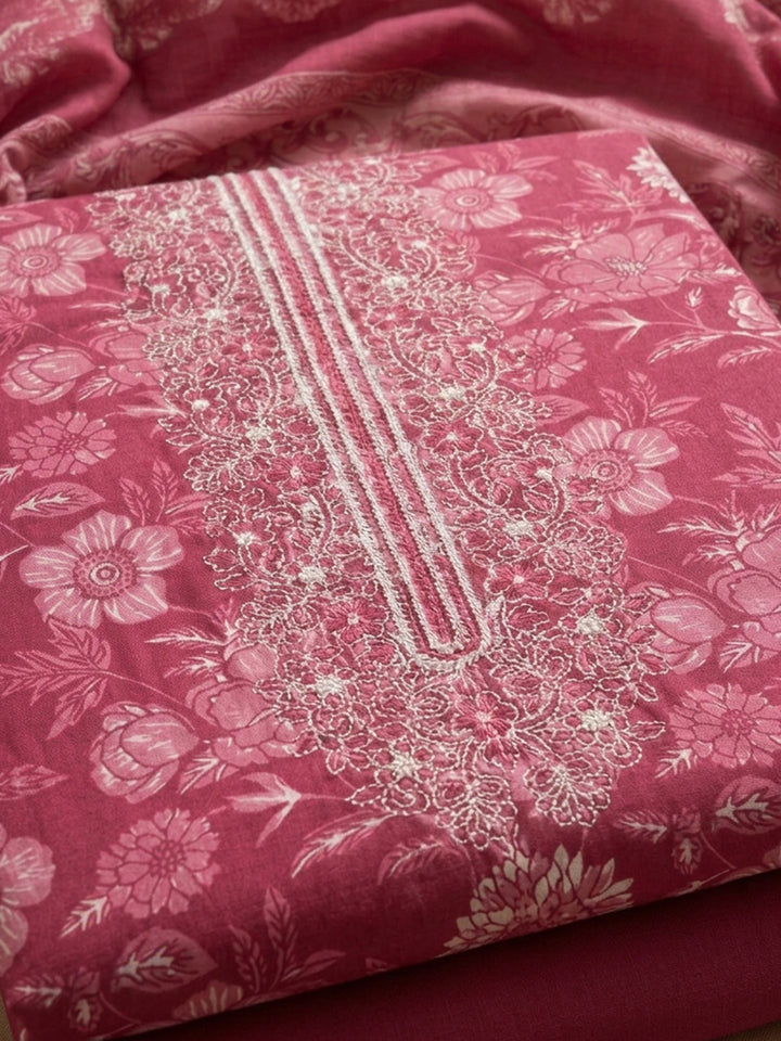 Pink Embroidery Cotton Blend Unstitched Dress Material