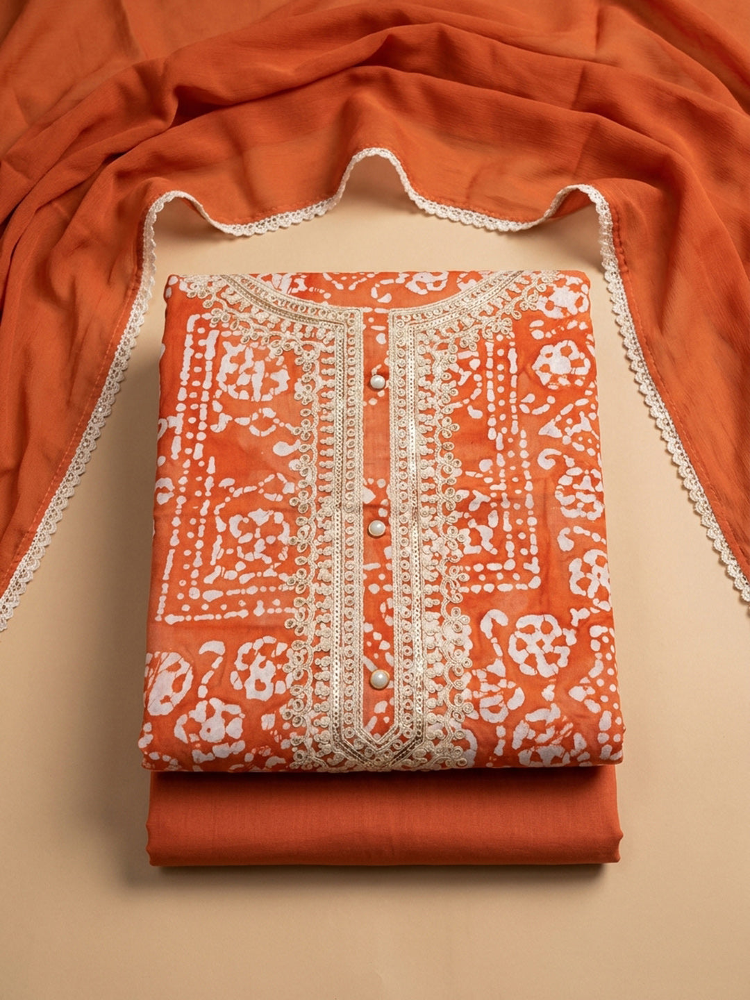 Orange Embroidery Cotton Blend Unstitched Dress Material