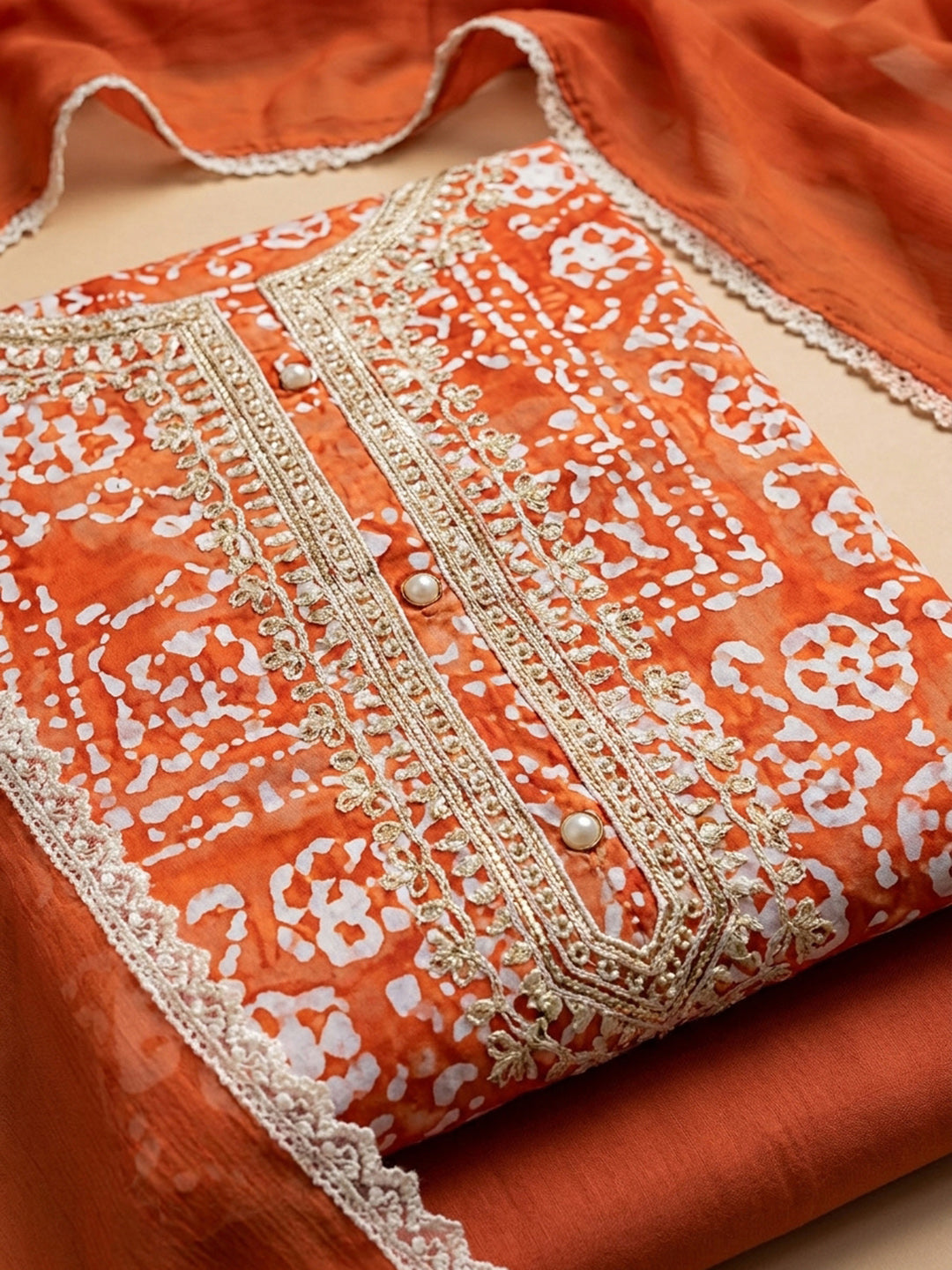 Orange Embroidery Cotton Blend Unstitched Dress Material