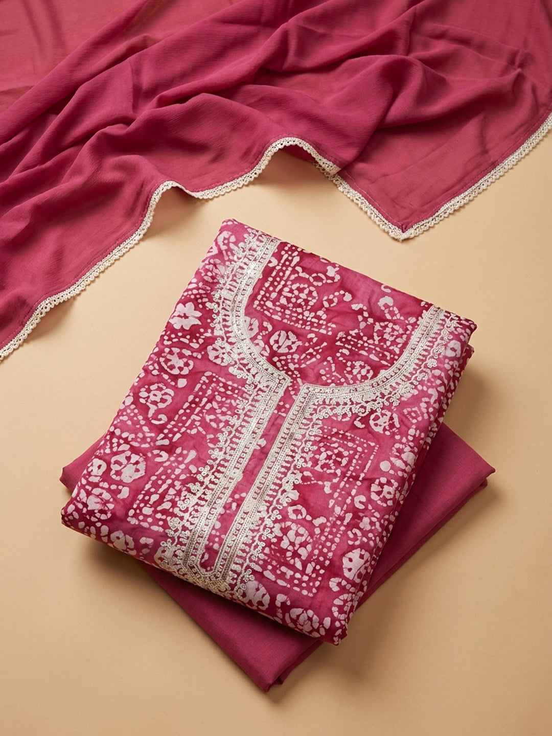 Pink Embroidery Cotton Blend Unstitched Dress Material