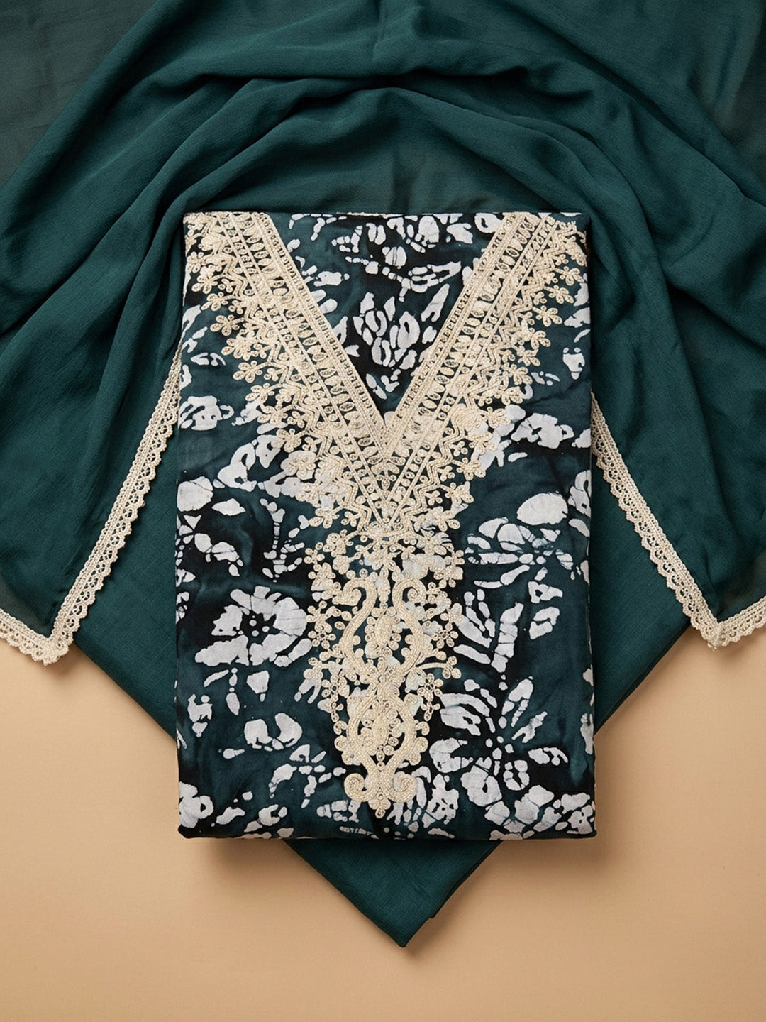 Bottle Green Embroidery Cotton Blend Unstitched Dress Material