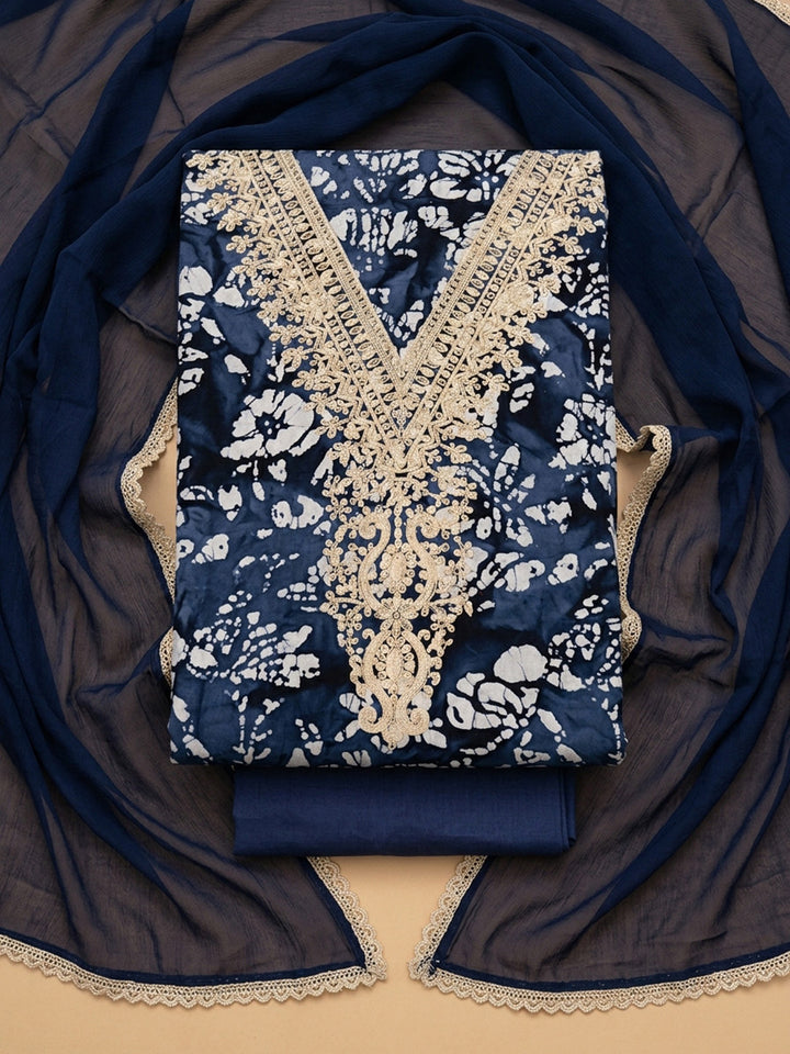 Navy Blue Embroidery Cotton Blend Unstitched Dress Material