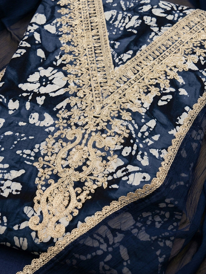 Navy Blue Embroidery Cotton Blend Unstitched Dress Material