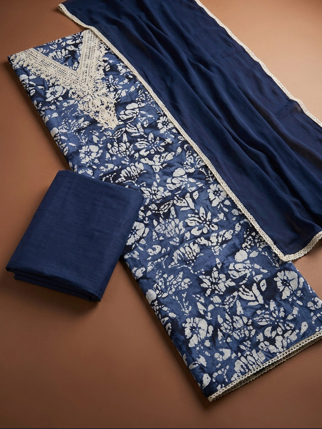 Navy Blue Embroidery Cotton Blend Unstitched Dress Material