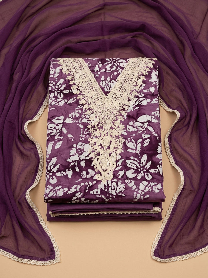 Wine Embroidery Cotton Blend Unstitched Dress Material