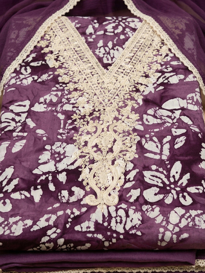 Wine Embroidery Cotton Blend Unstitched Dress Material
