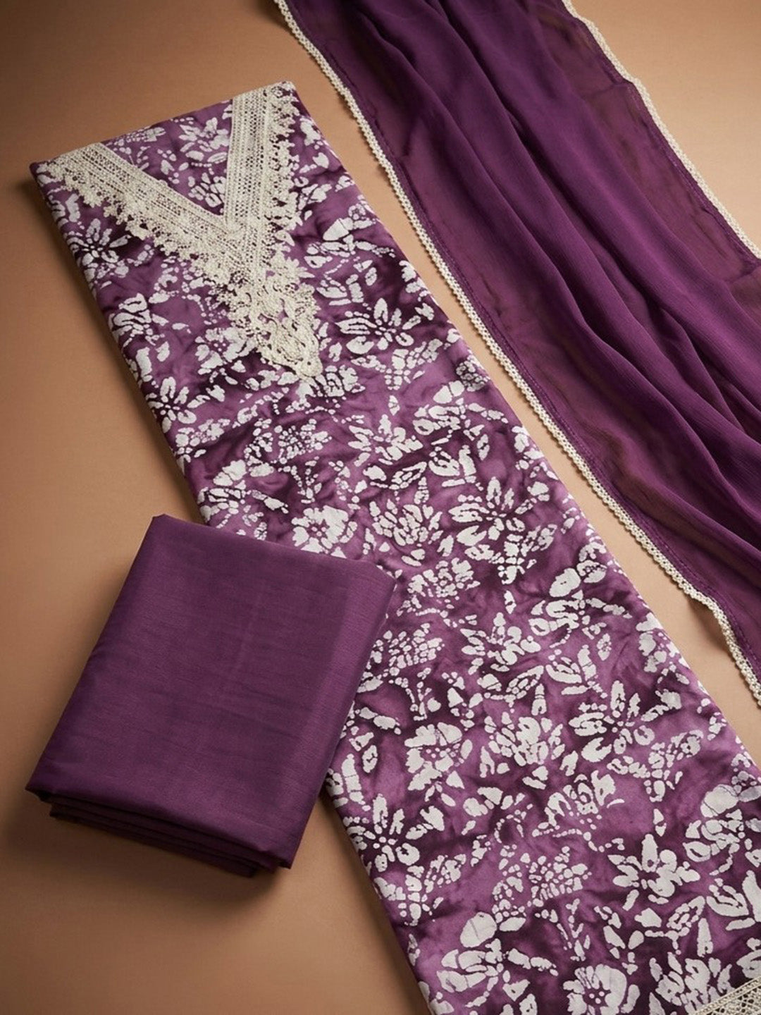 Wine Embroidery Cotton Blend Unstitched Dress Material