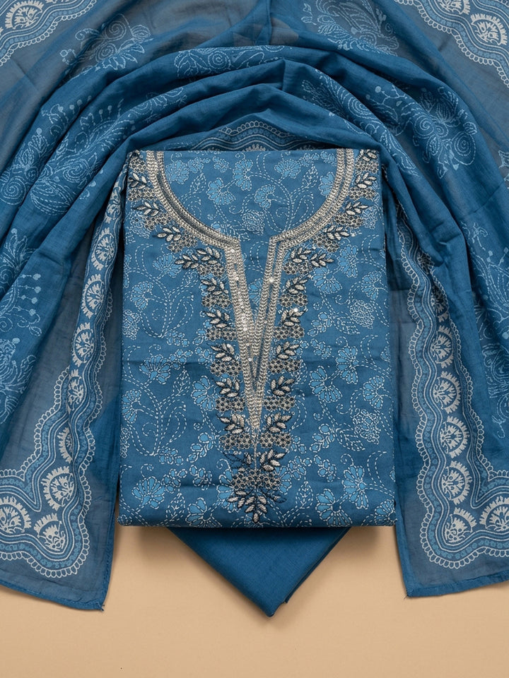 Blue Embroidery Cotton Blend Unstitched Dress Material