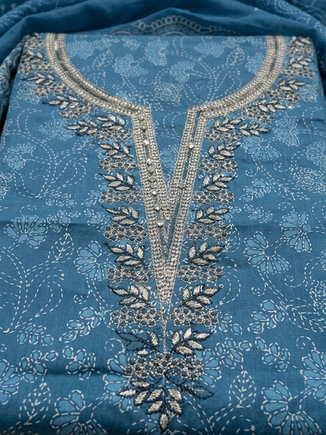 Blue Embroidery Cotton Blend Unstitched Dress Material