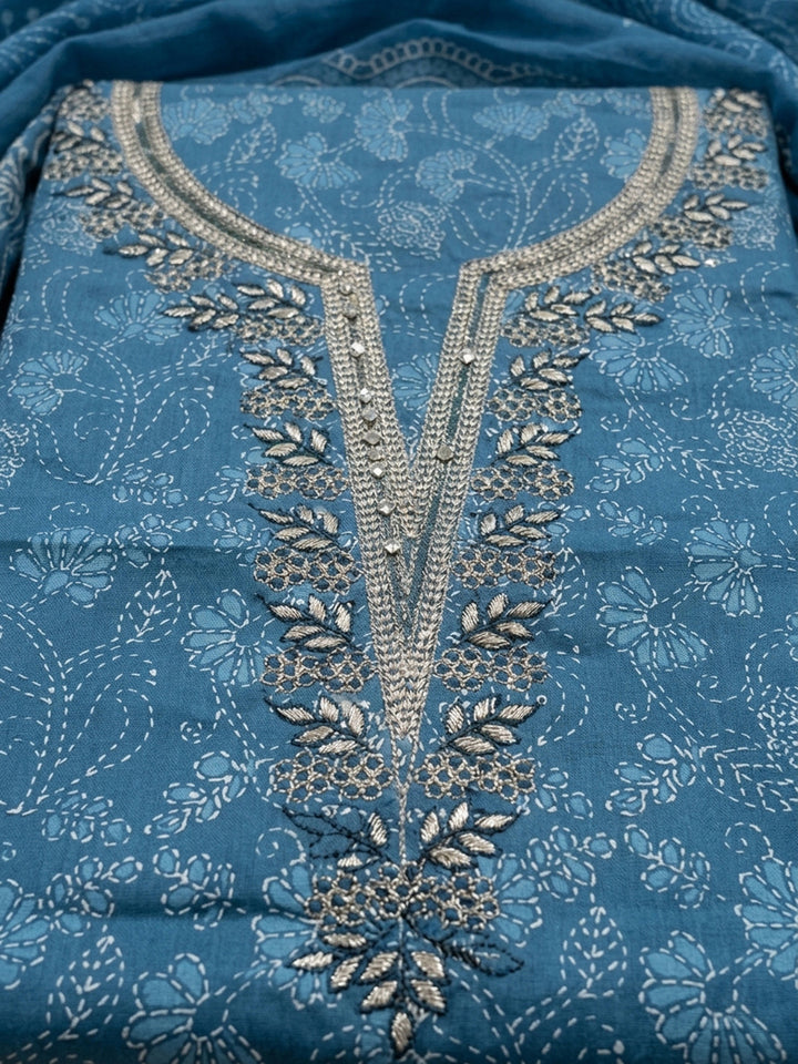 Blue Embroidery Cotton Blend Unstitched Dress Material