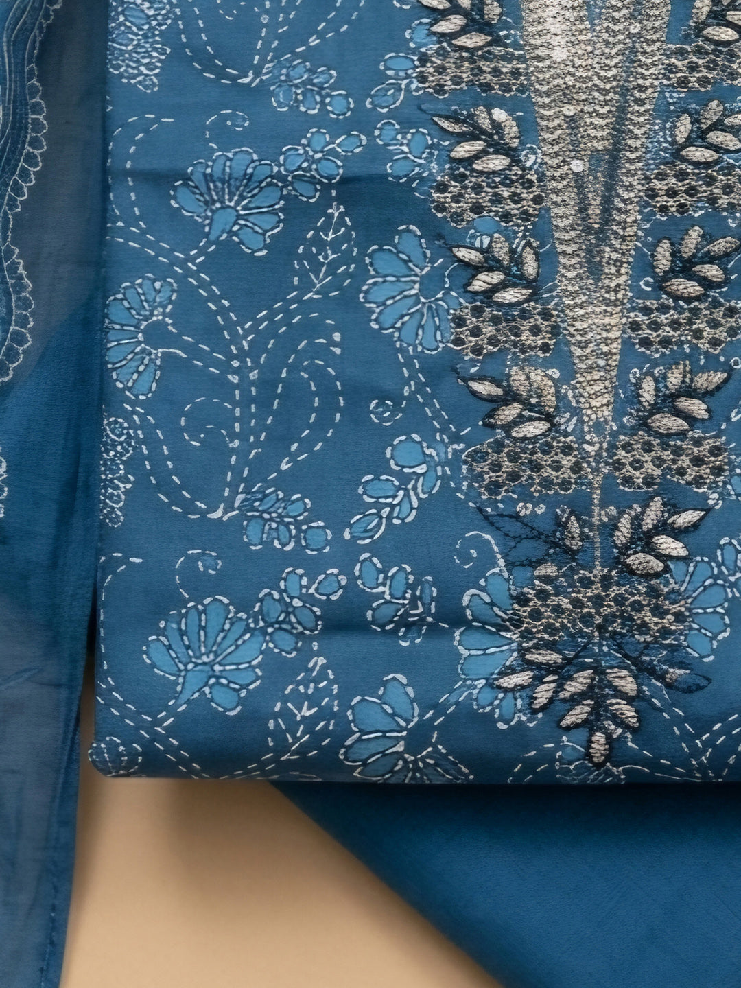 Blue Embroidery Cotton Blend Unstitched Dress Material