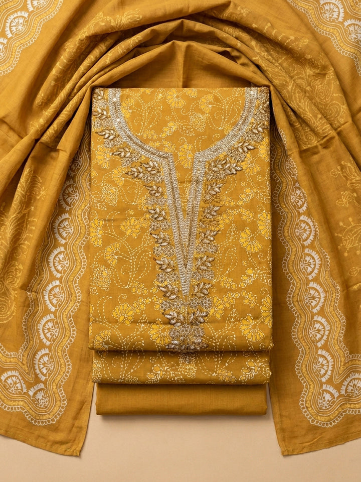 Mustard Embroidery Cotton Blend Unstitched Dress Material