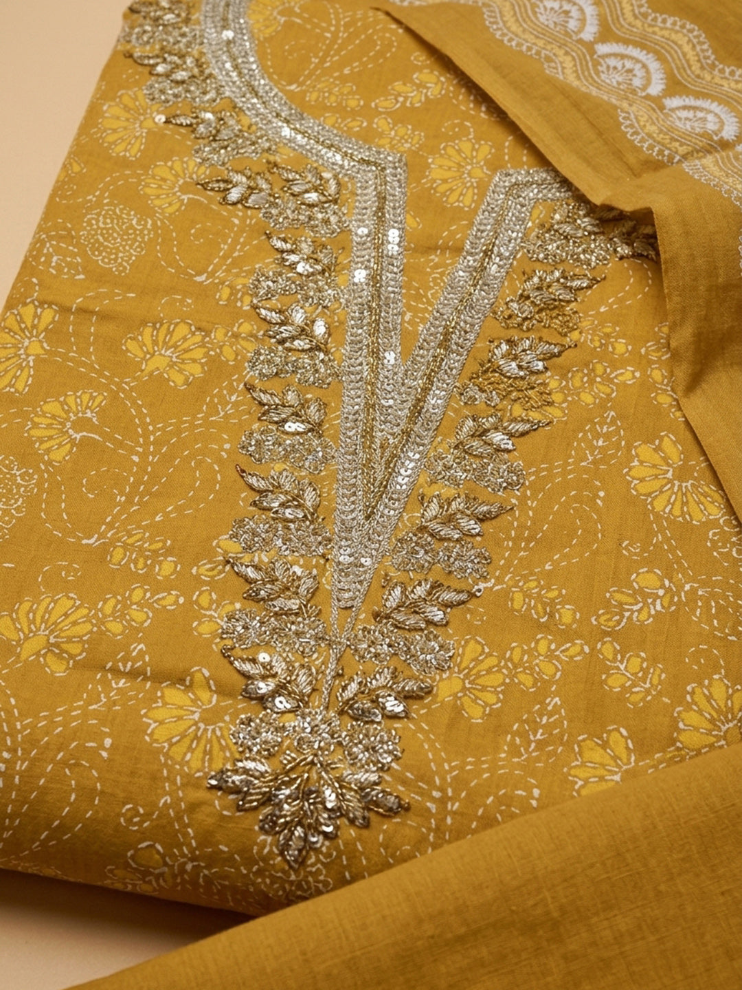 Mustard Embroidery Cotton Blend Unstitched Dress Material