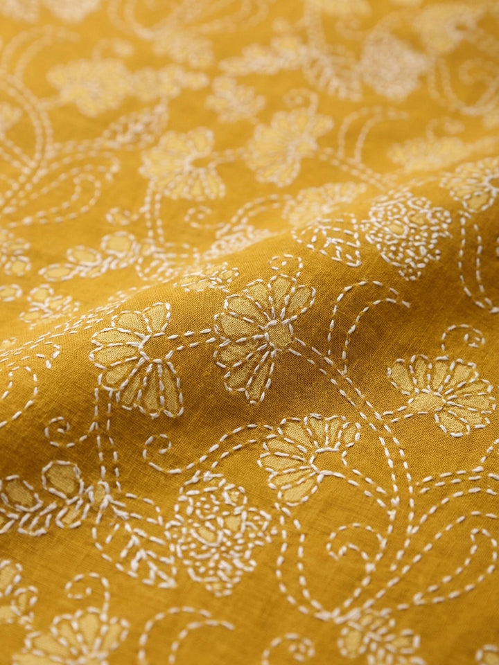 Mustard Embroidery Cotton Blend Unstitched Dress Material