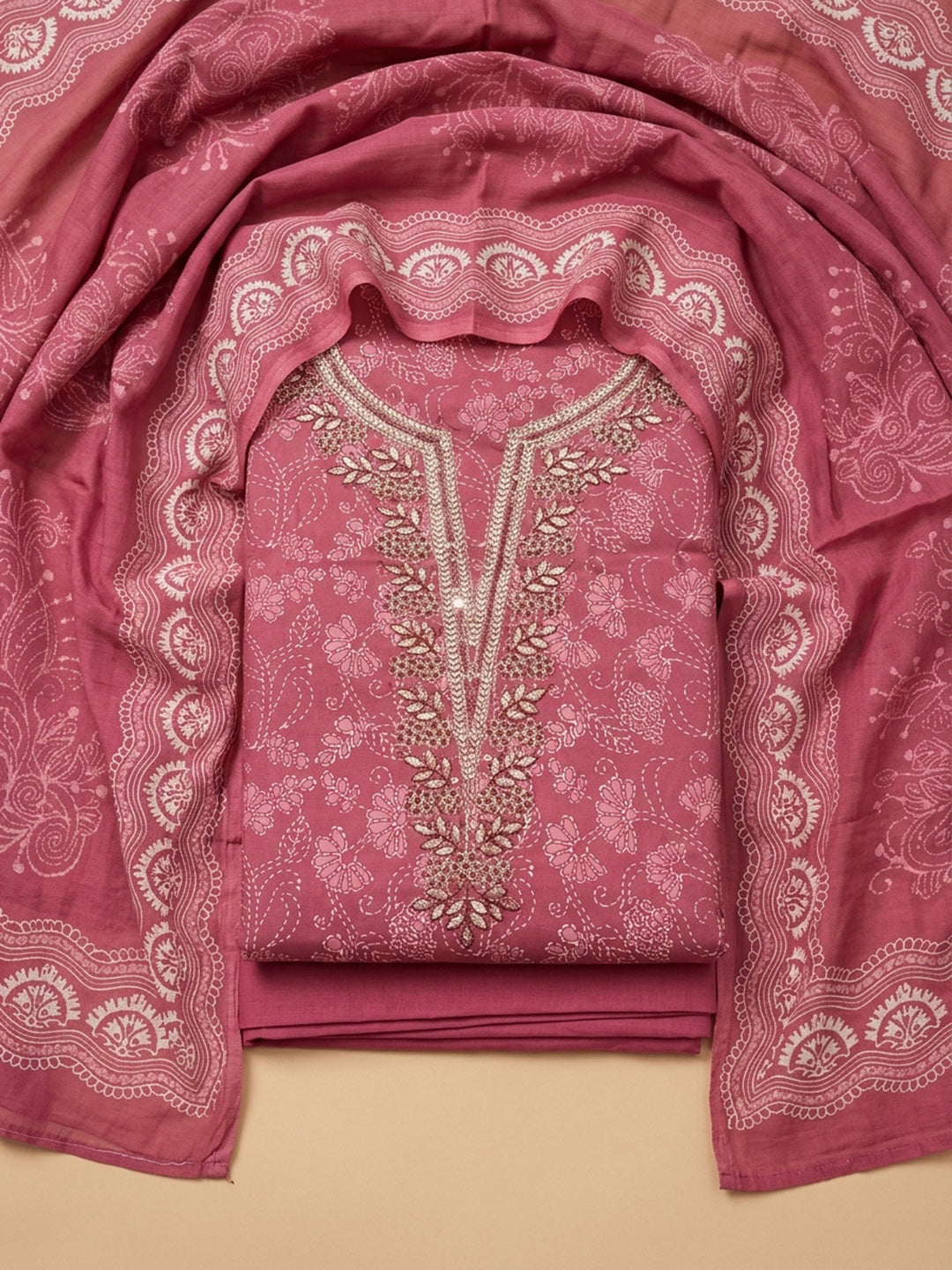 Onion Pink Embroidery Cotton Blend Unstitched Dress Material
