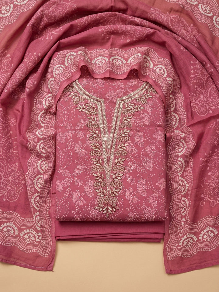 Onion Pink Embroidery Cotton Blend Unstitched Dress Material