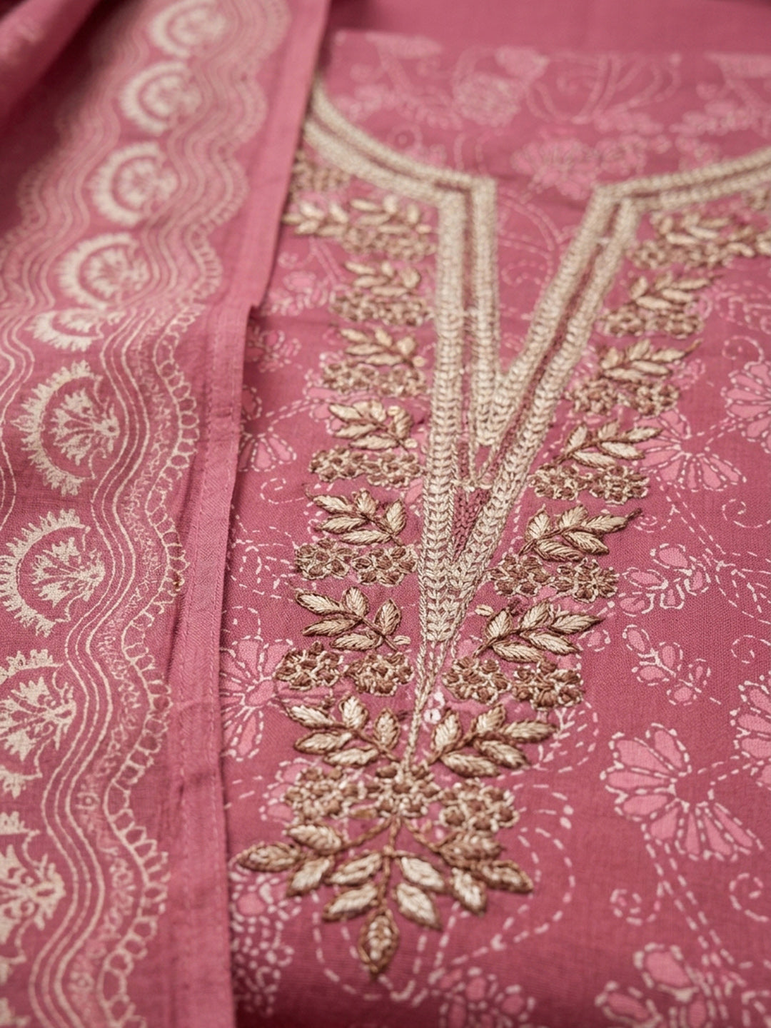 Onion Pink Embroidery Cotton Blend Unstitched Dress Material