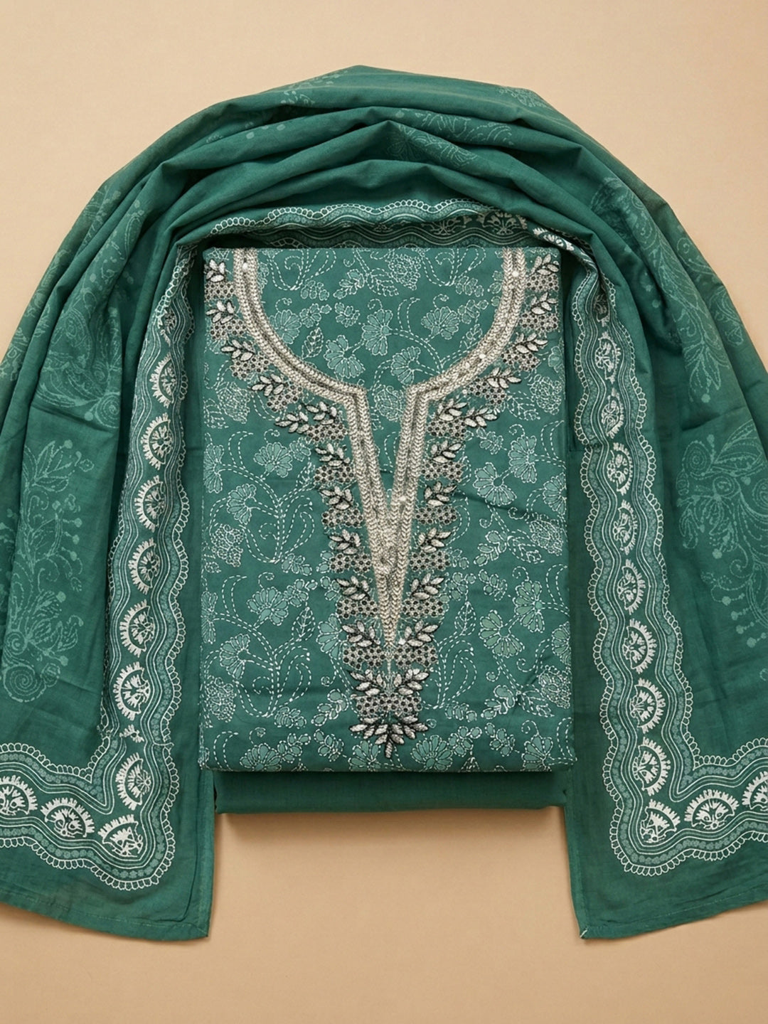 Sea Green Embroidery Cotton Blend Unstitched Dress Material