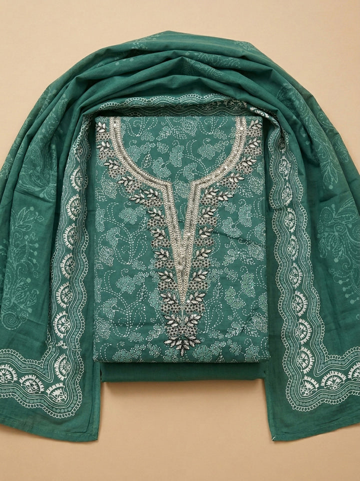 Sea Green Embroidery Cotton Blend Unstitched Dress Material