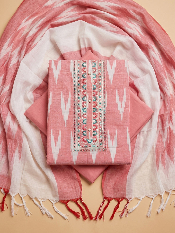 Peach Printed Cotton Blend Unstitched Dress Material