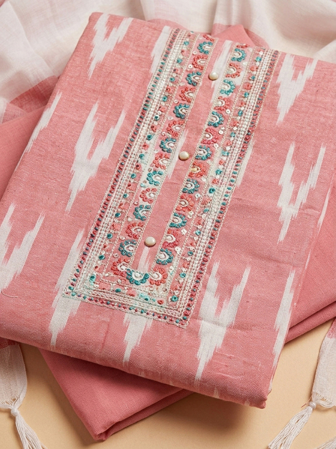 Peach Printed Cotton Blend Unstitched Dress Material