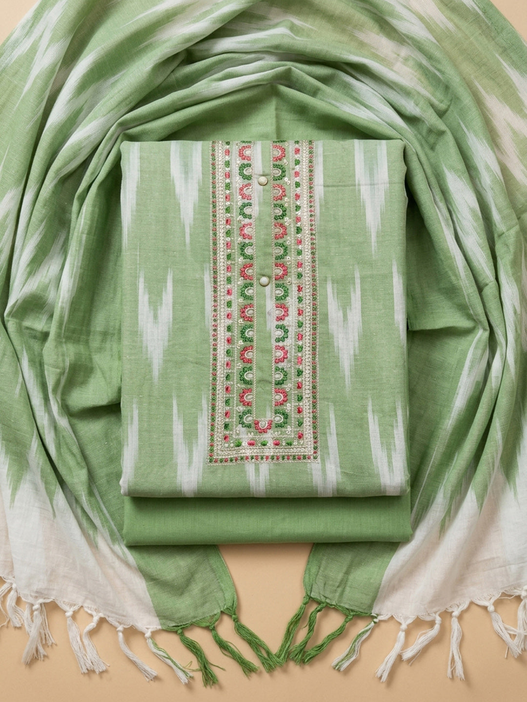 Pista Green Printed Cotton Blend Unstitched Dress Material