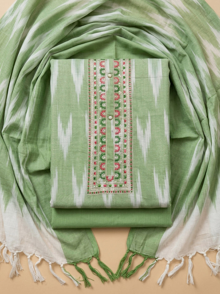 Pista Green Printed Cotton Blend Unstitched Dress Material