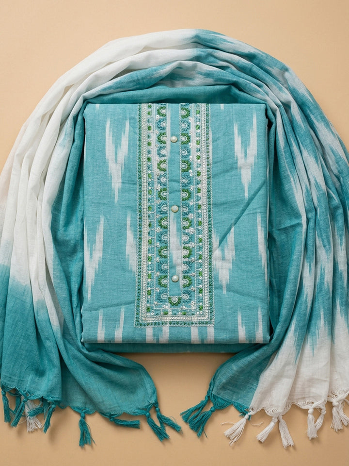 Sky Blue Printed Cotton Blend Unstitched Dress Material