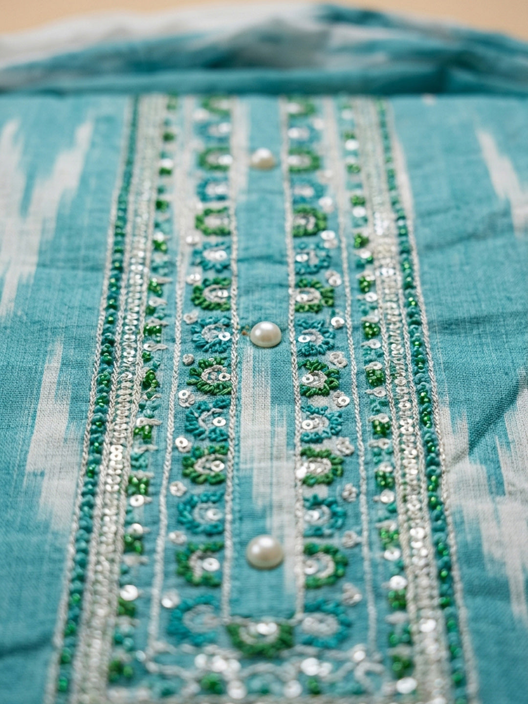 Sky Blue Printed Cotton Blend Unstitched Dress Material