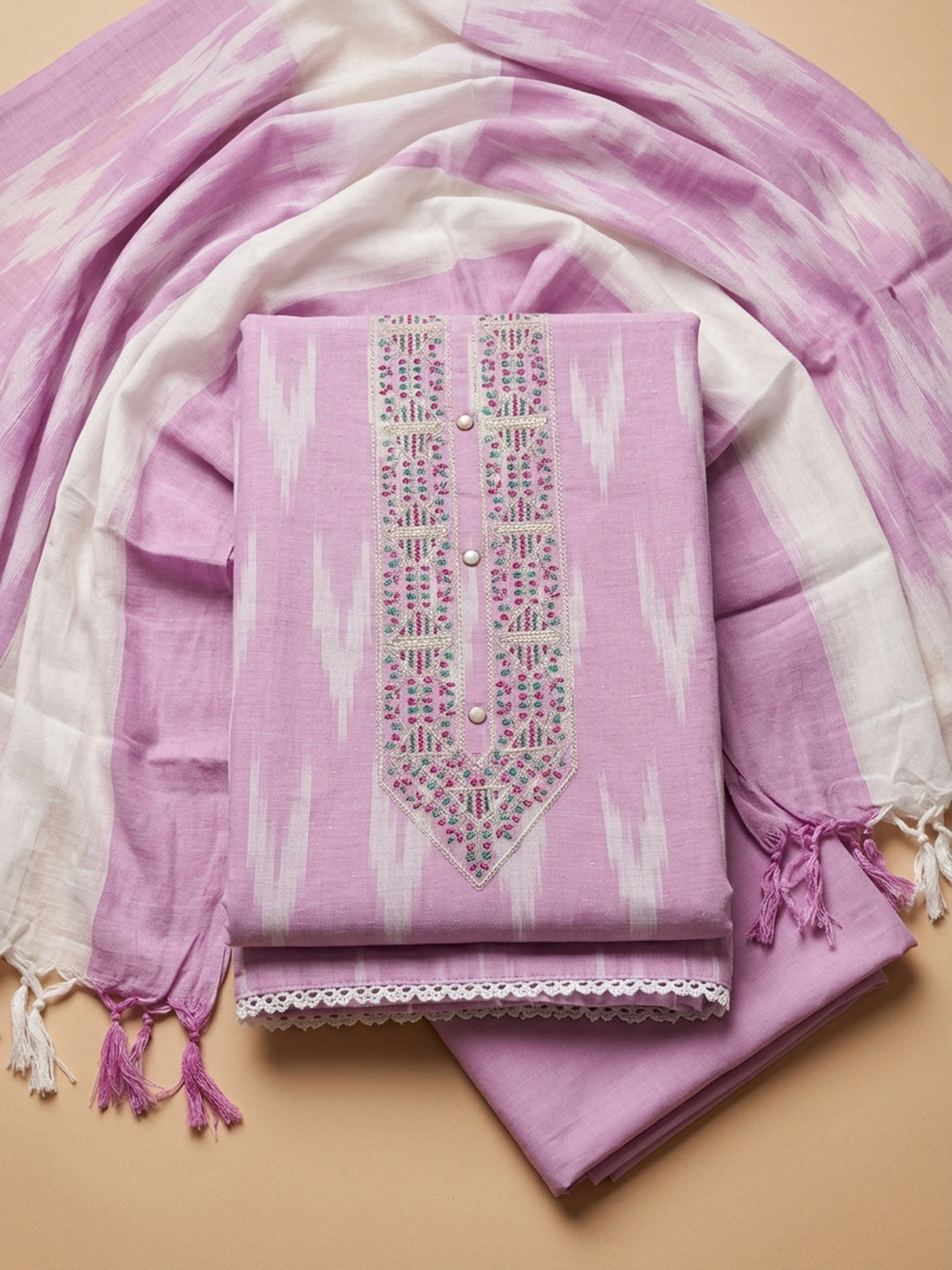 Pink Embroidery Cotton Blend Unstitched Dress Material