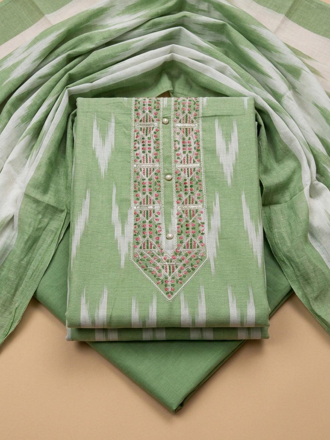 Pista Green Embroidery Cotton Blend Unstitched Dress Material