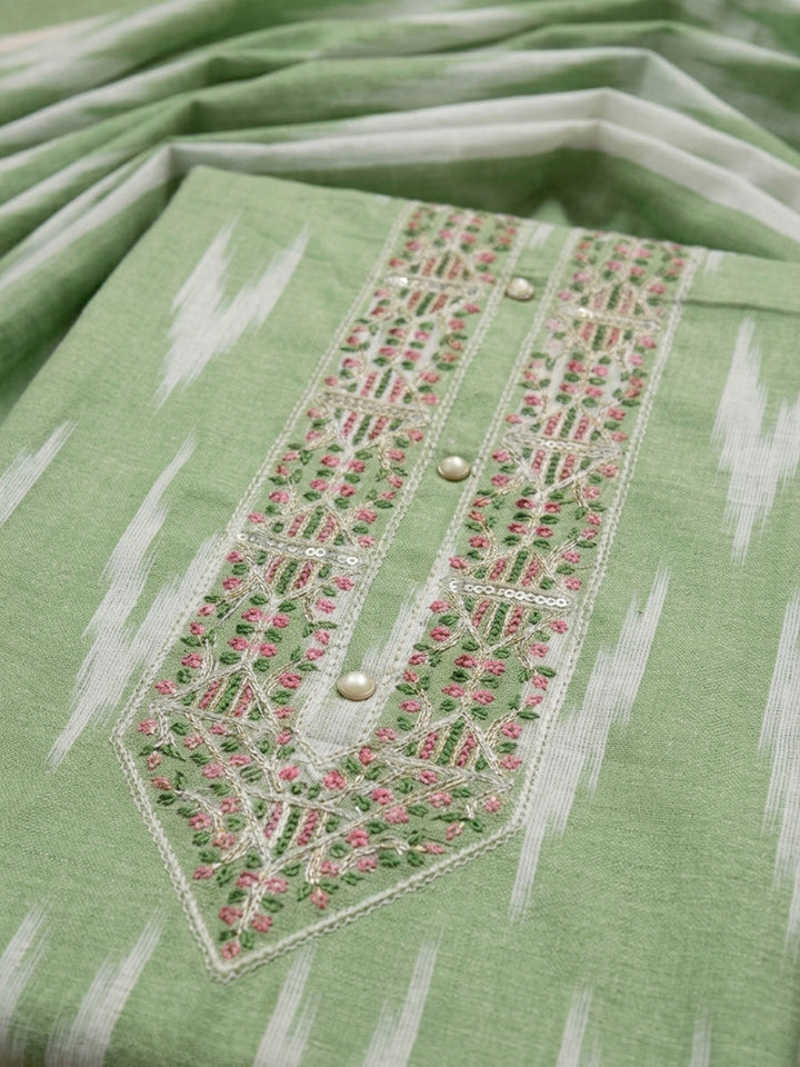 Pista Green Embroidery Cotton Blend Unstitched Dress Material