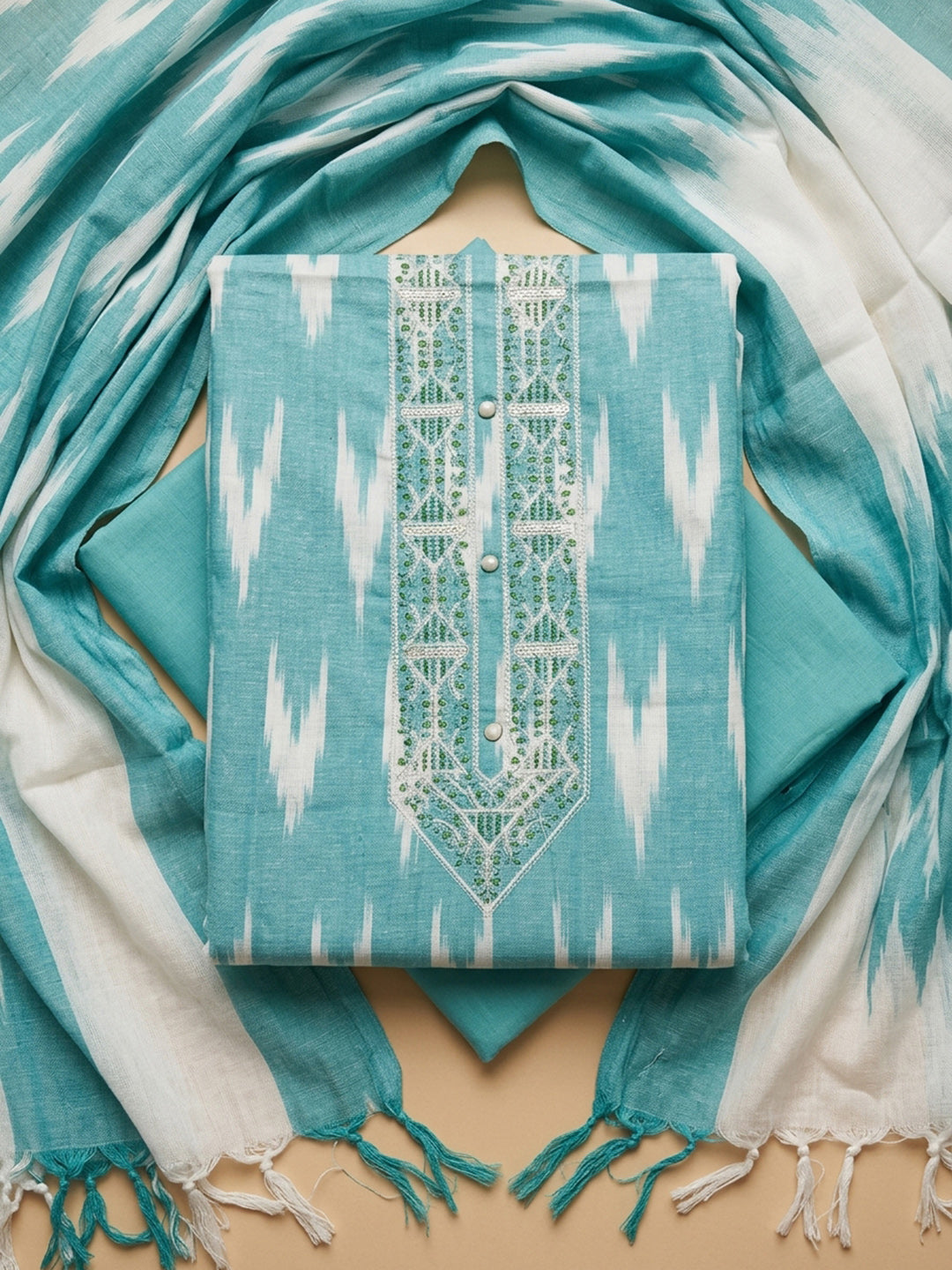 Rama Green Embroidery Cotton Blend Unstitched Dress Material