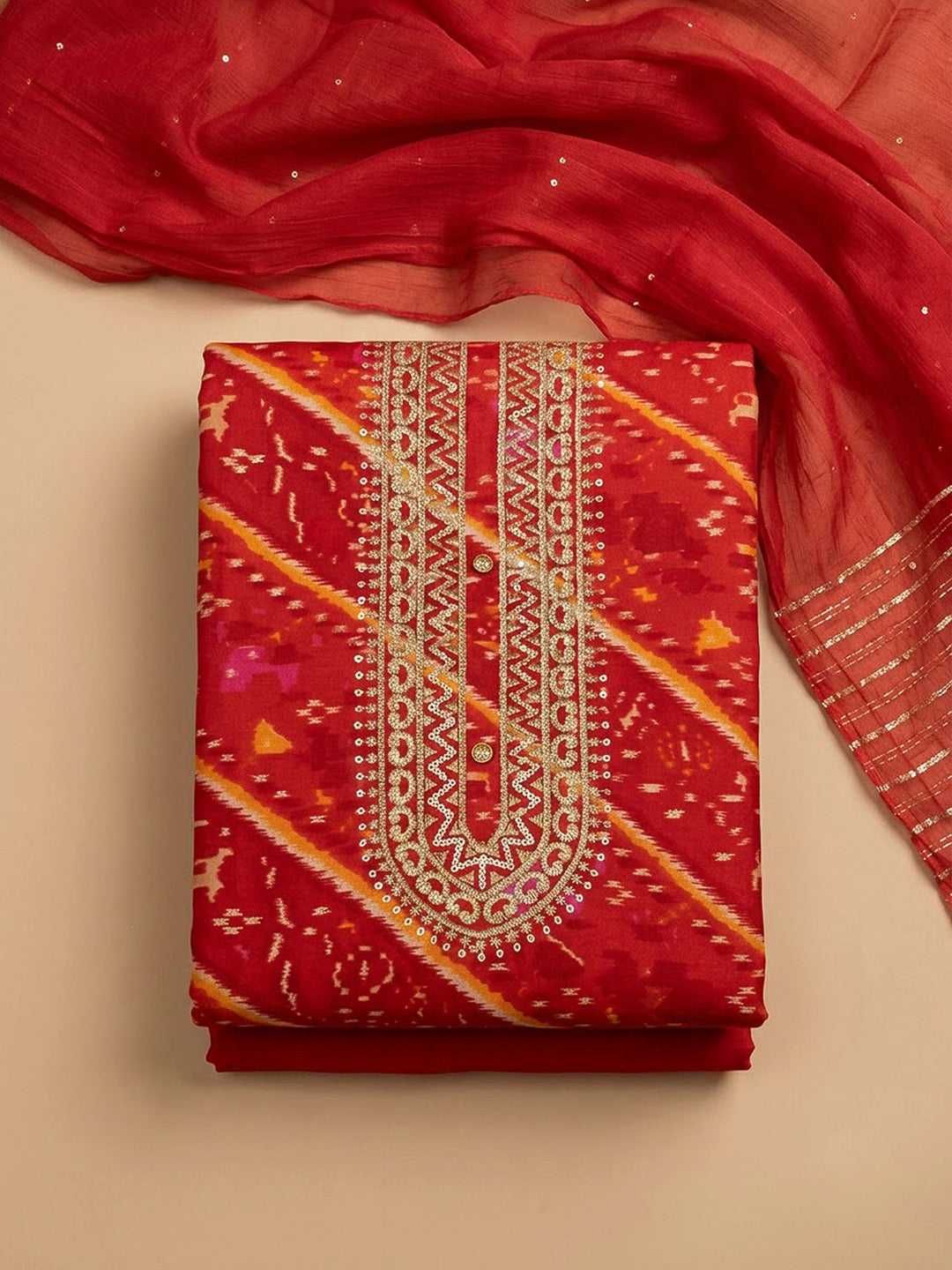 Red Cotton Blend Embroidered Unstitched Dress Material