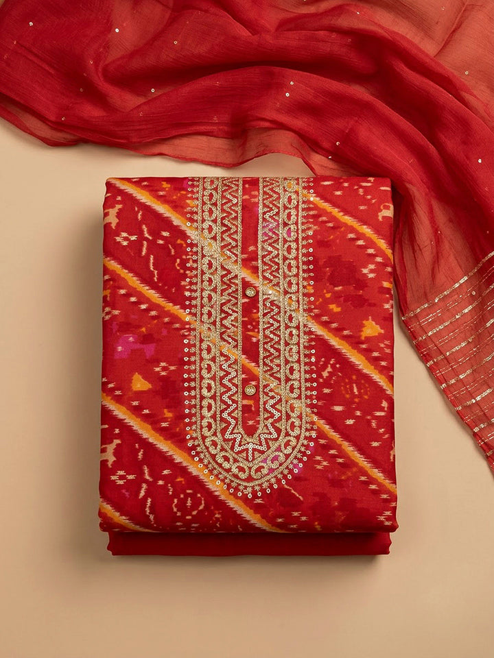 Red Cotton Blend Embroidered Unstitched Dress Material