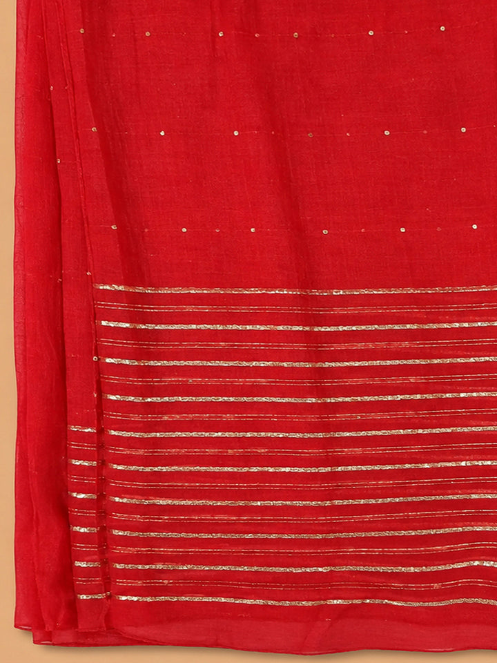 Red Cotton Blend Embroidered Unstitched Dress Material