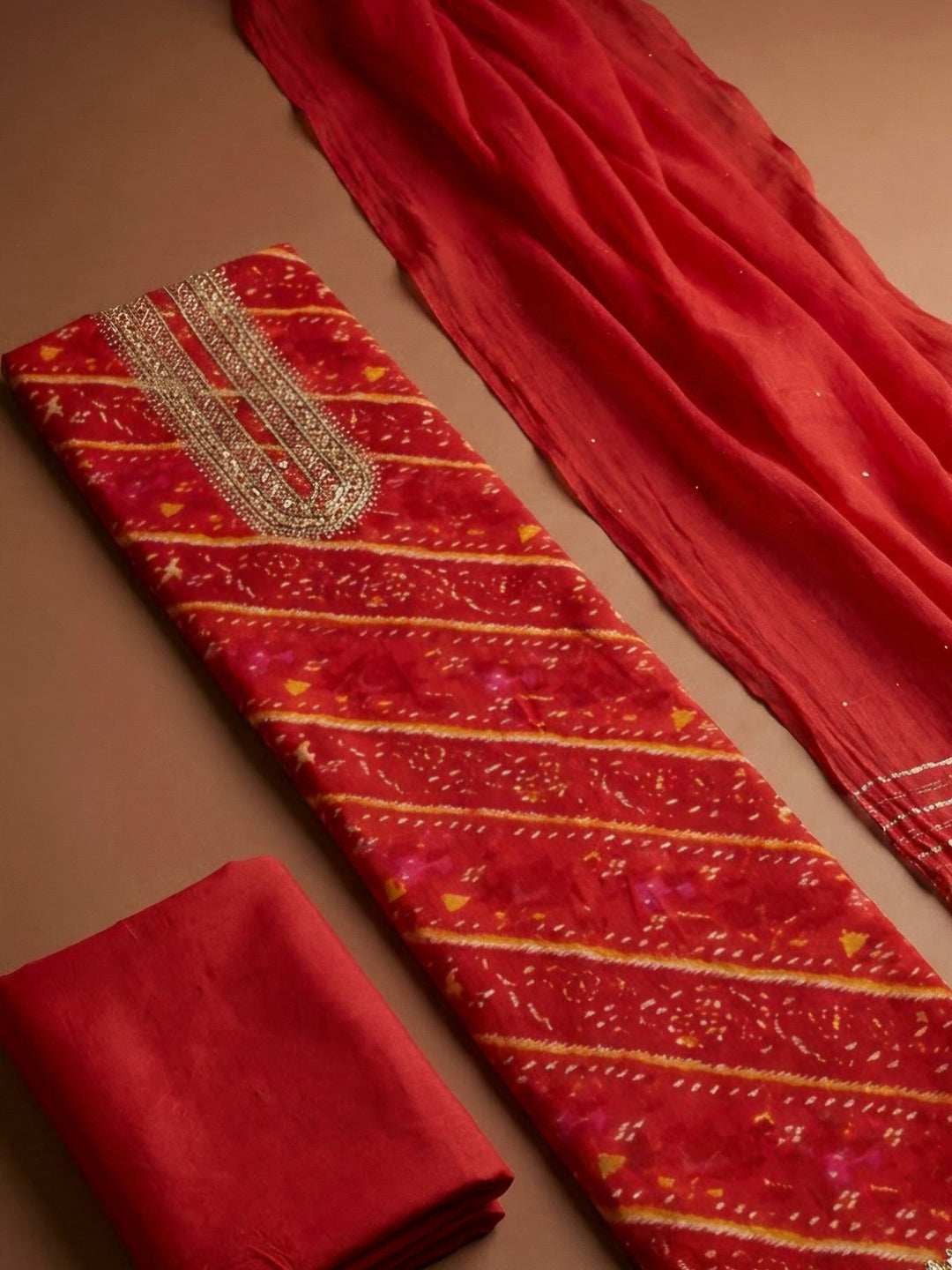 Red Cotton Blend Embroidered Unstitched Dress Material