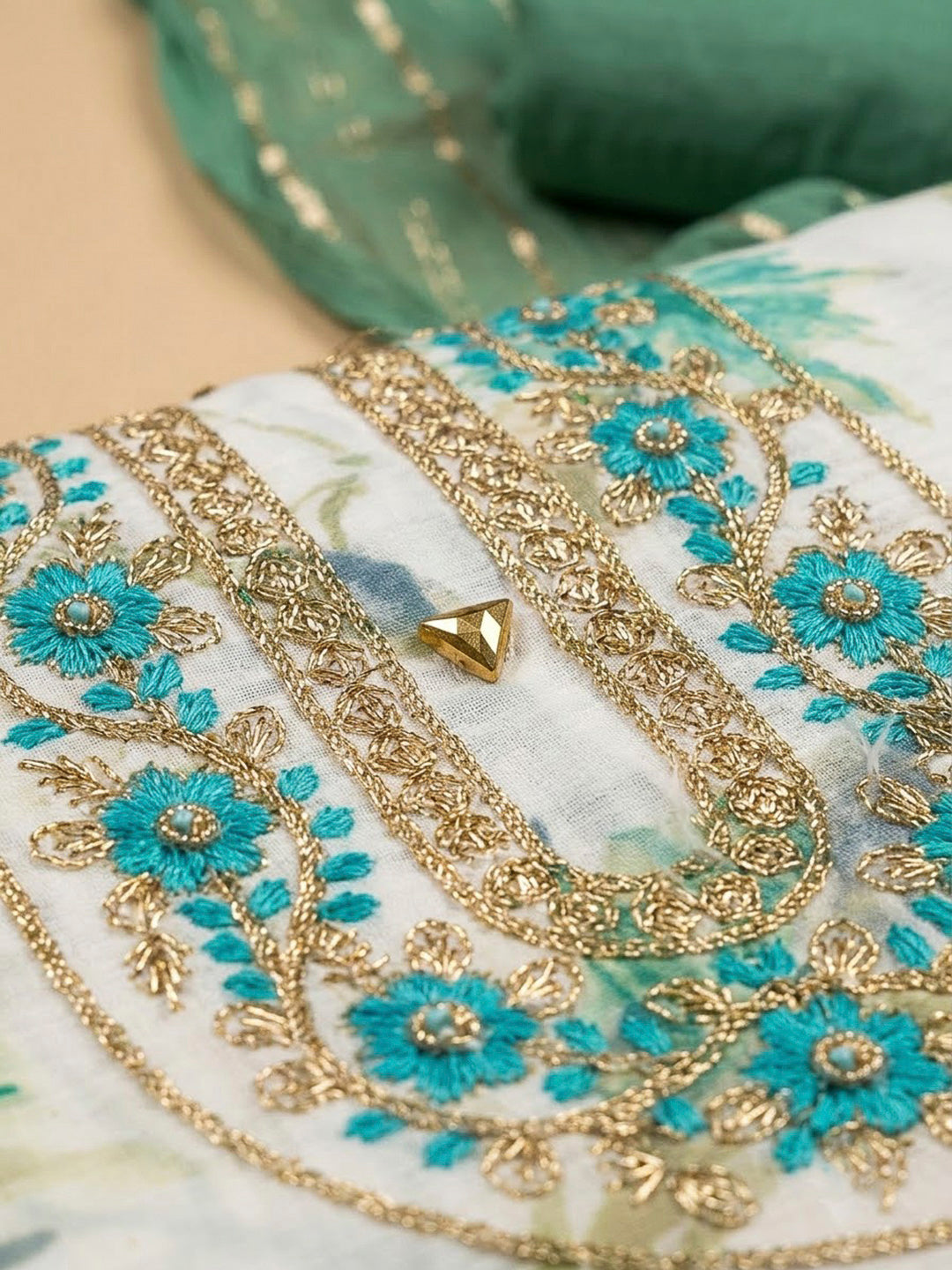 Green Cotton Blend Embroidered Unstitched Dress Material