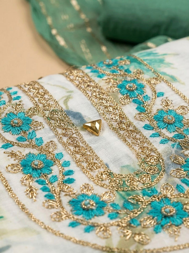 Green Cotton Blend Embroidered Unstitched Dress Material