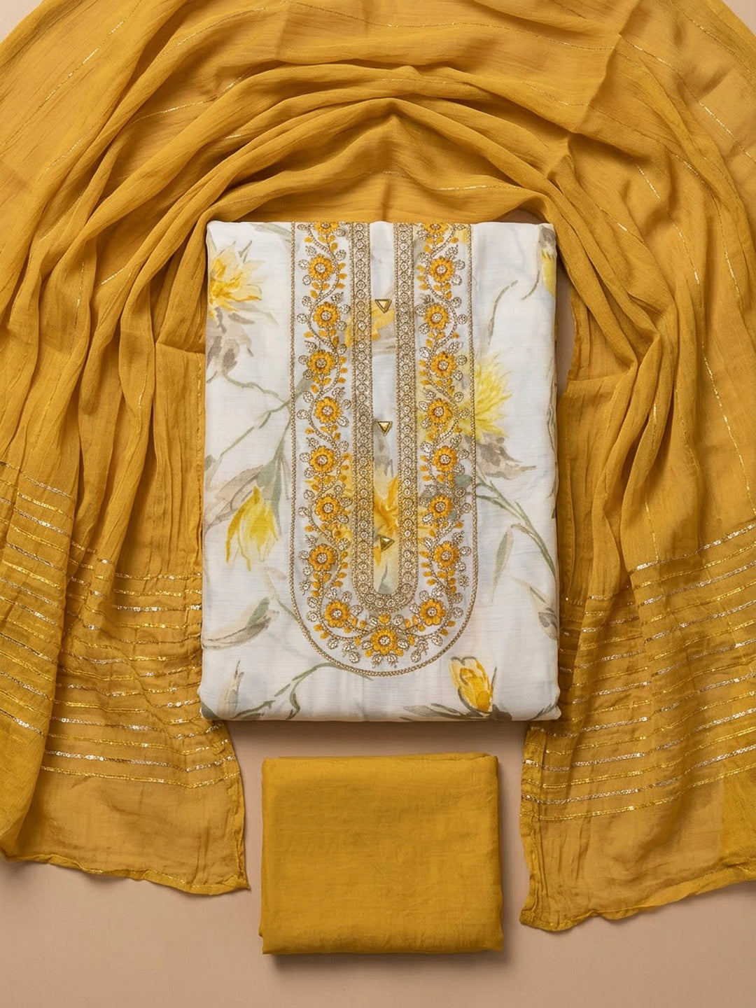 Mustard Cotton Blend Embroidered Unstitched Dress Material