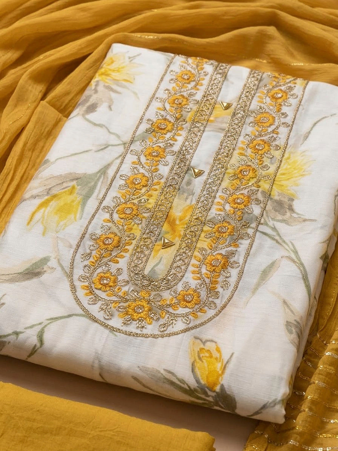 Mustard Cotton Blend Embroidered Unstitched Dress Material