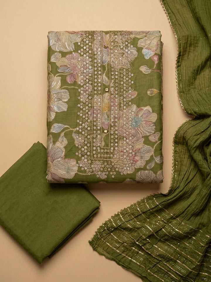 Green Cotton Blend Embroidered Unstitched Dress Material