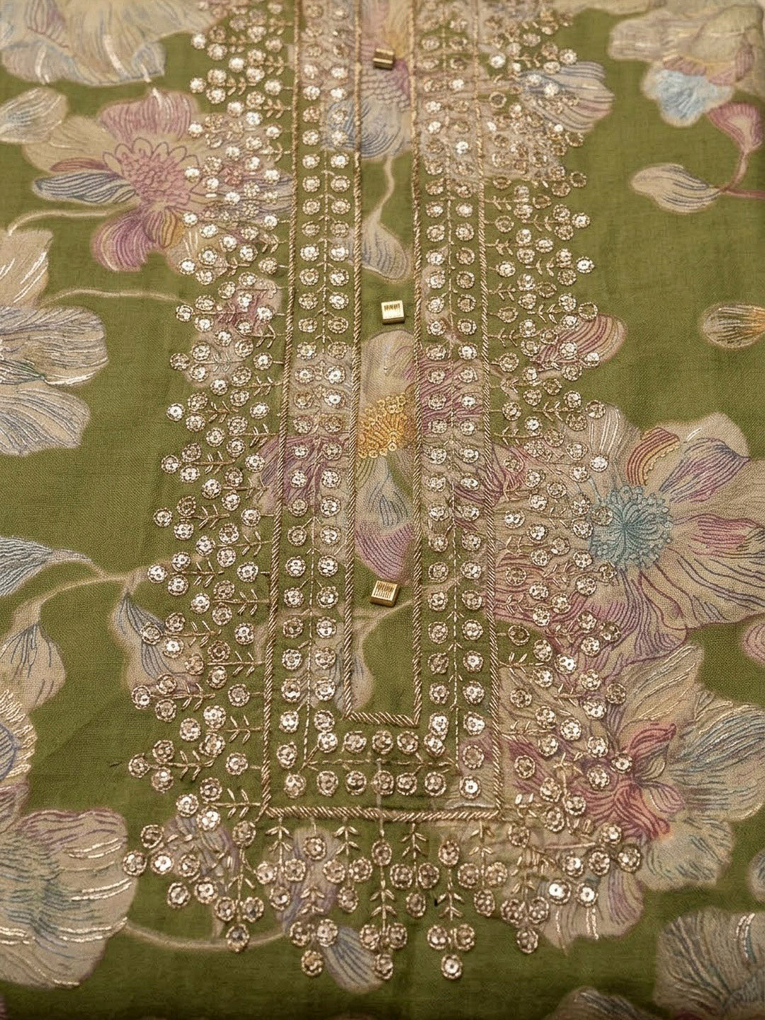 Green Cotton Blend Embroidered Unstitched Dress Material