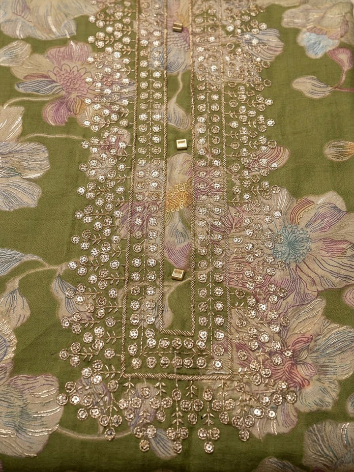 Green Cotton Blend Embroidered Unstitched Dress Material