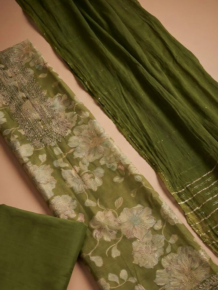 Green Cotton Blend Embroidered Unstitched Dress Material