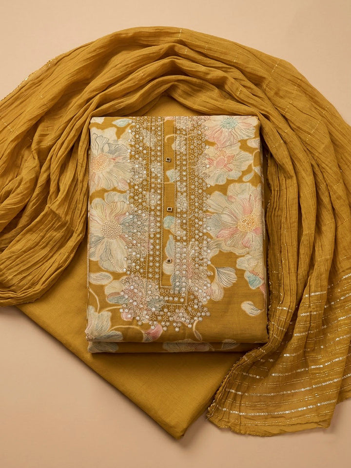 Mustard Cotton Blend Embroidered Unstitched Dress Material
