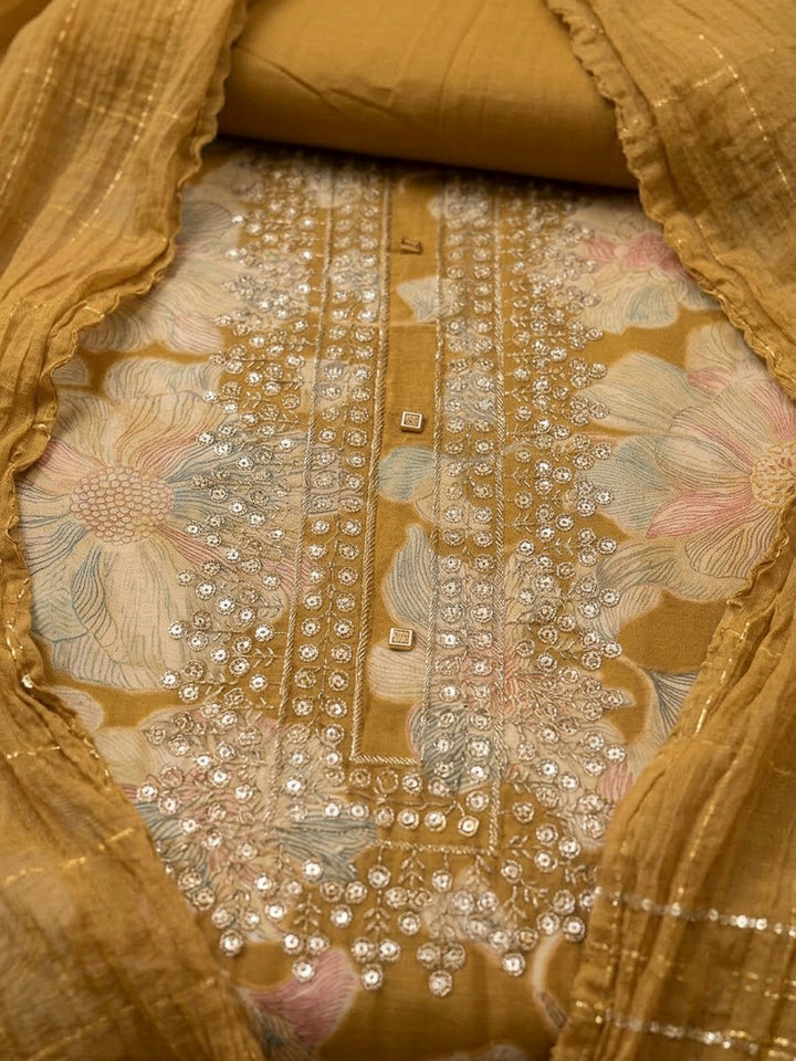 Mustard Cotton Blend Embroidered Unstitched Dress Material