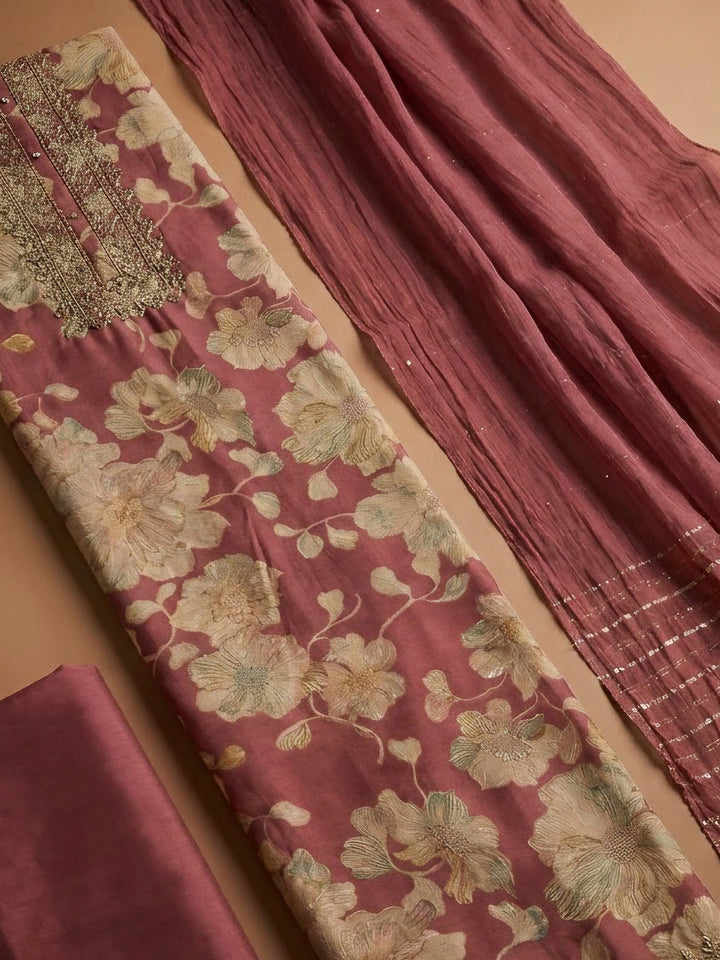 Onion Pink Cotton Blend Embroidered Unstitched Dress Material