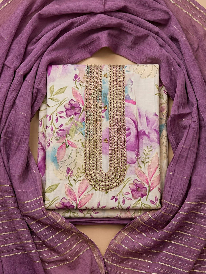 Lavender Cotton Blend Printed Unstitched Dress Material